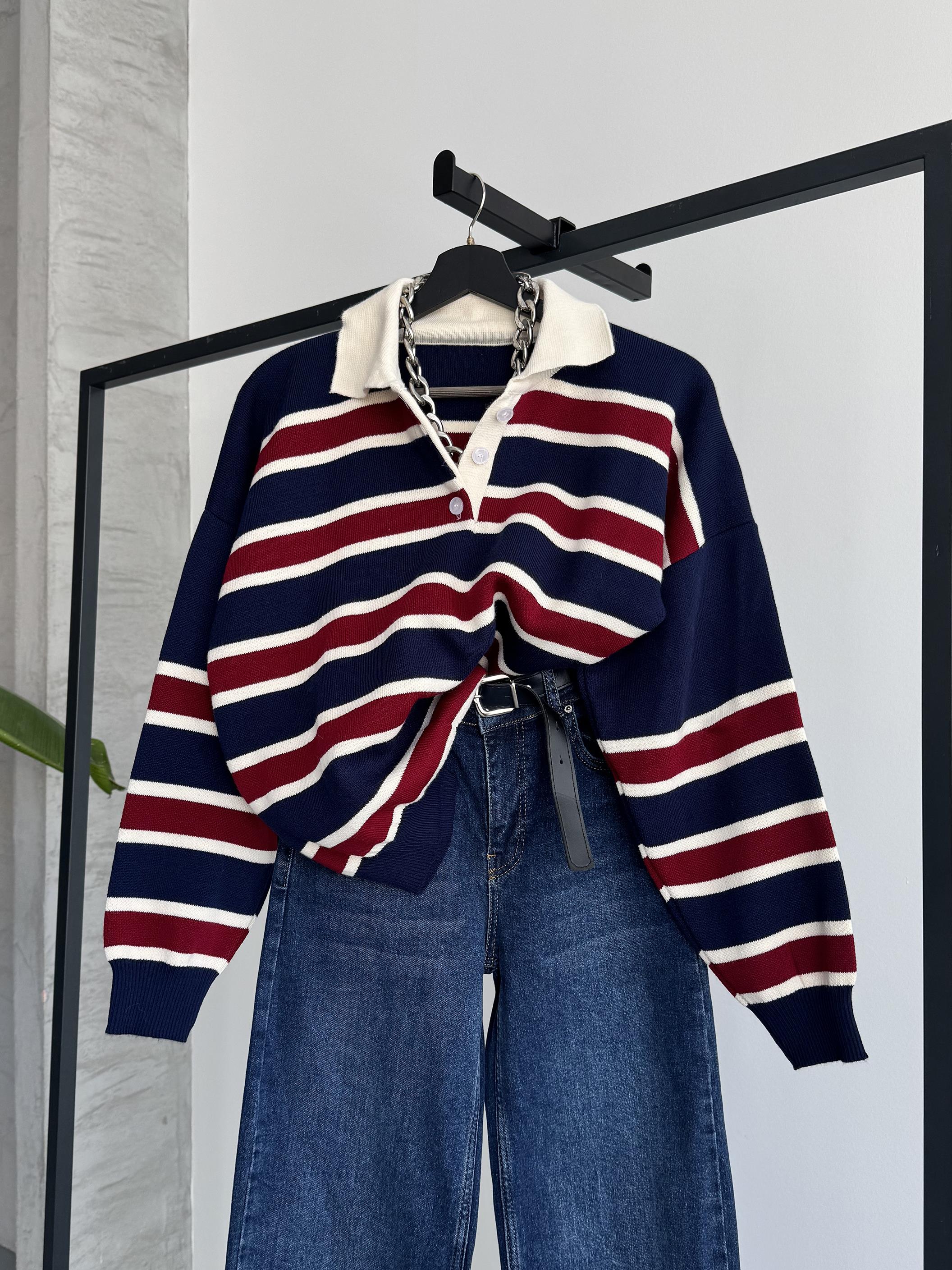 Çizgili Polo Yaka Oversize Lacivert Triko Kazak