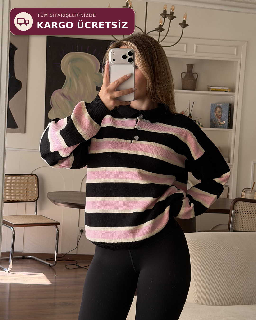 Çizgili Polo Yaka Oversize Pembe Triko Kazak