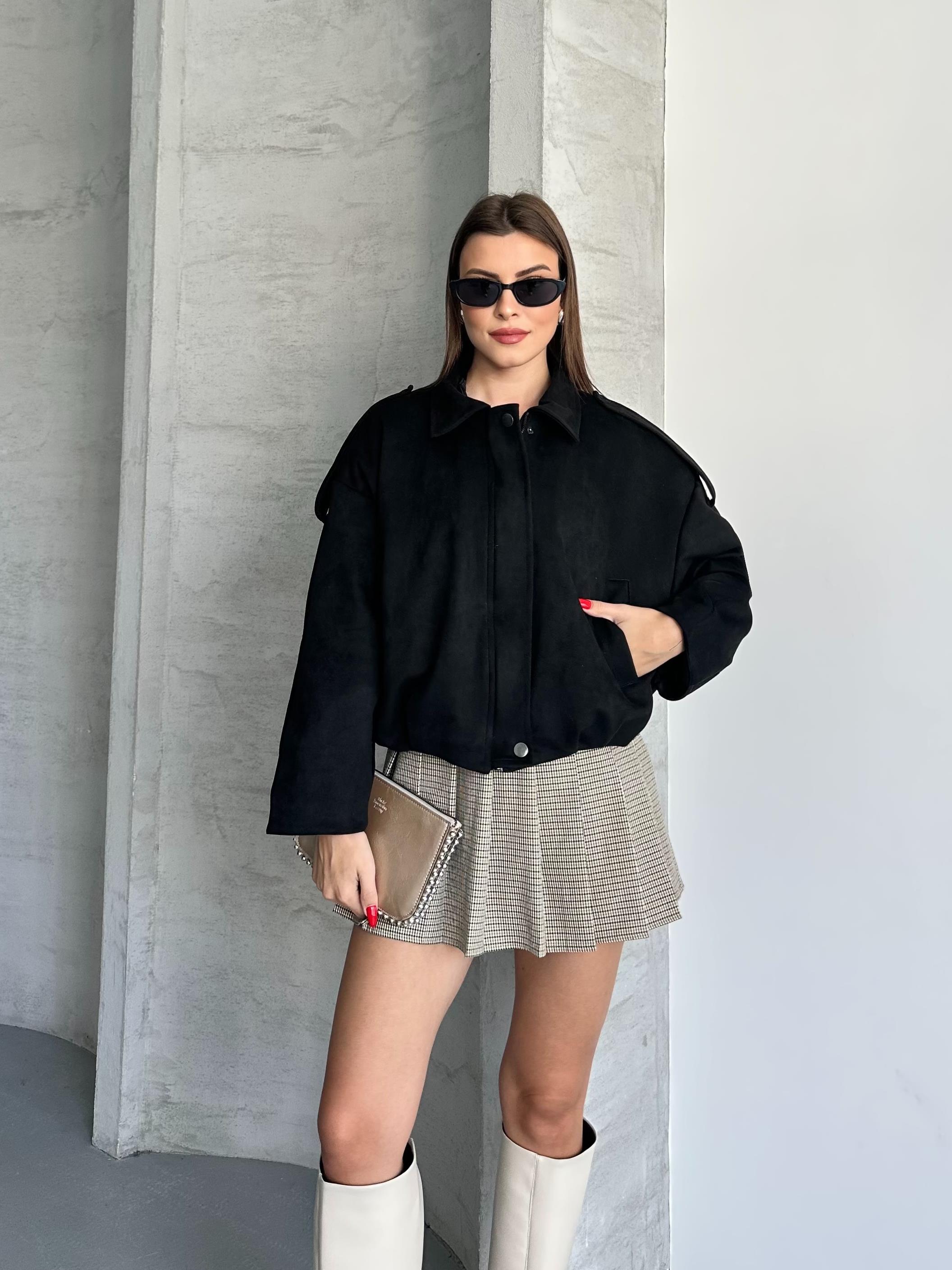 Crop Bomber Siyah Süet Ceket