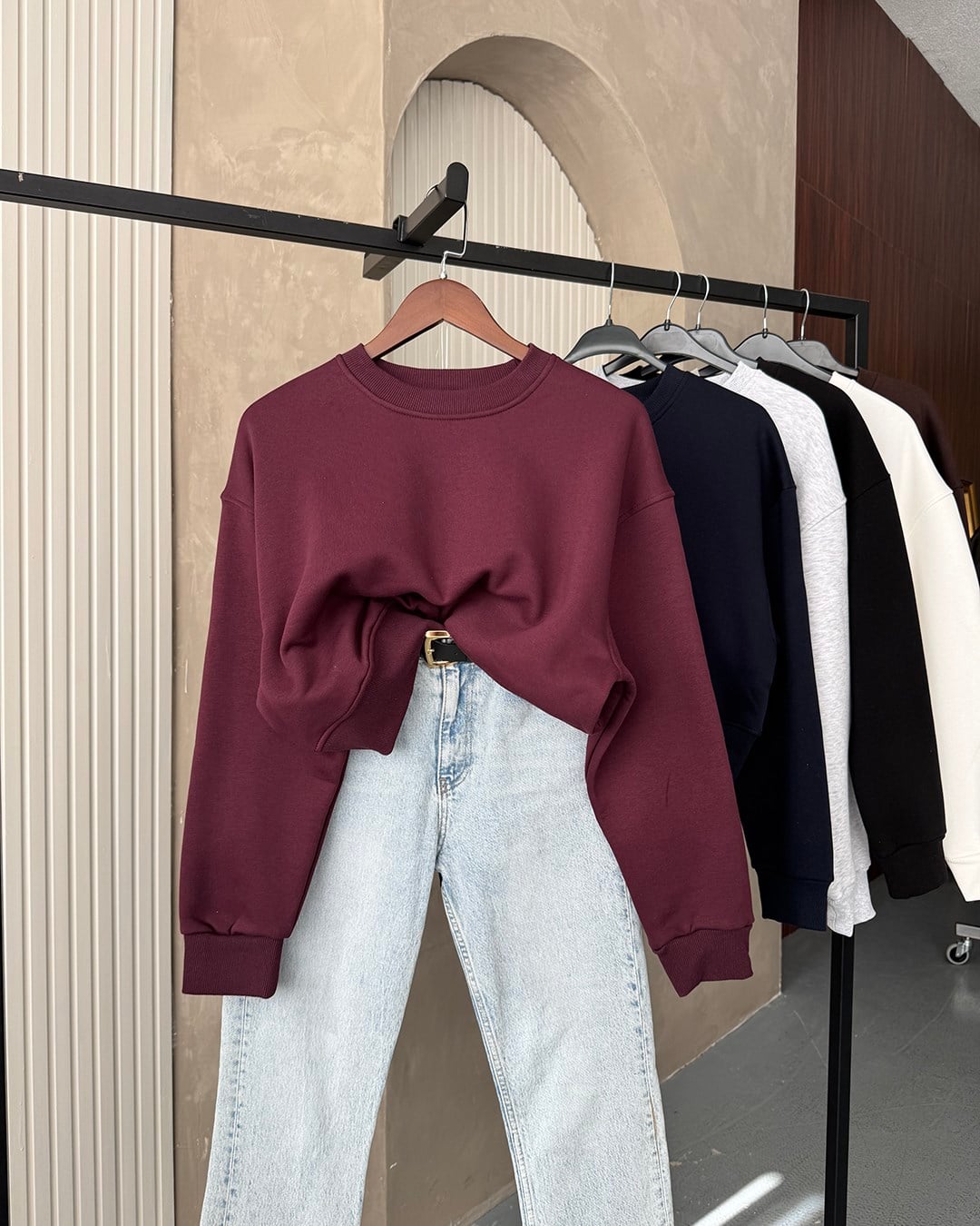 Crop Düz Bordo Sweatshirt
