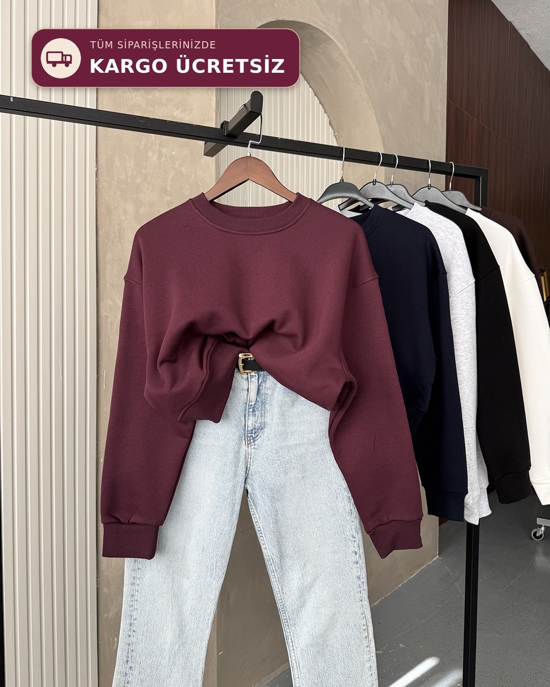 Crop Düz Bordo Sweatshirt