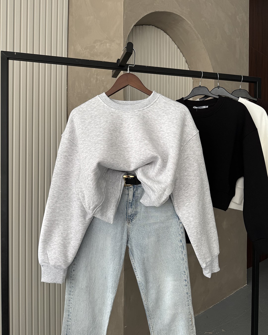 Crop Düz Melanj Sweatshirt