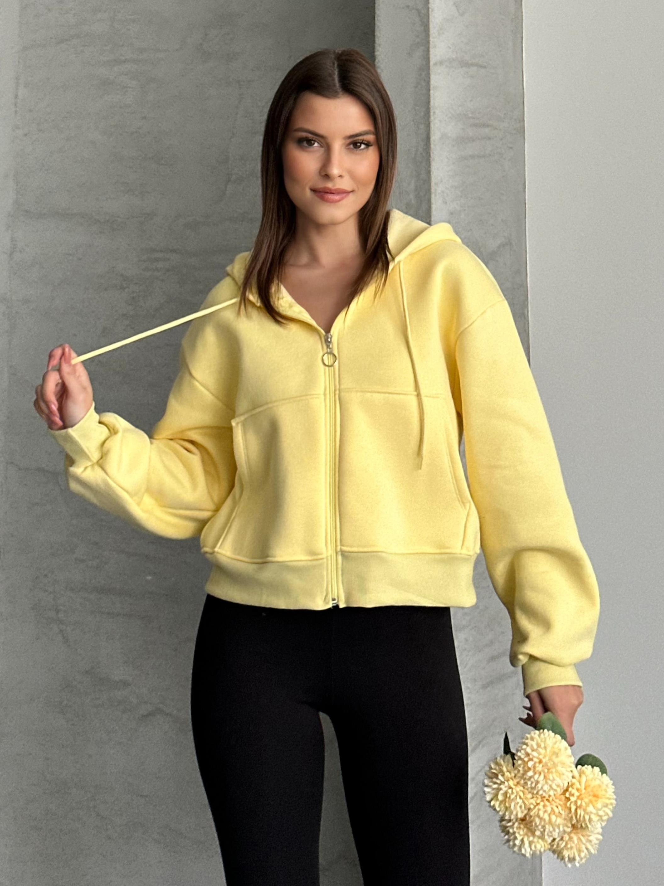 Crop Kapüşonlu Sarı Hırka