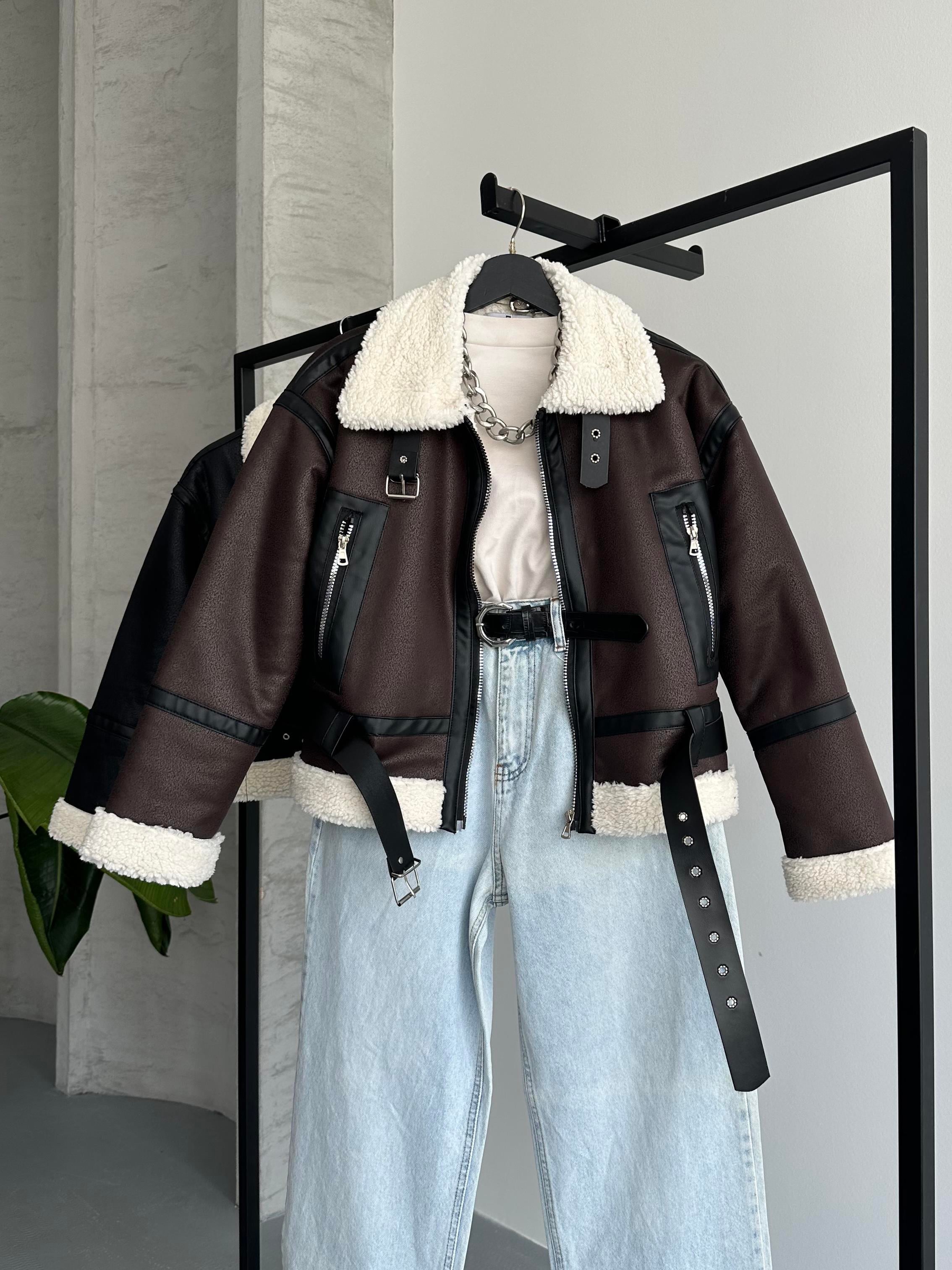 Crop Peluş Yaka Acı Kahve Deri Ceket
