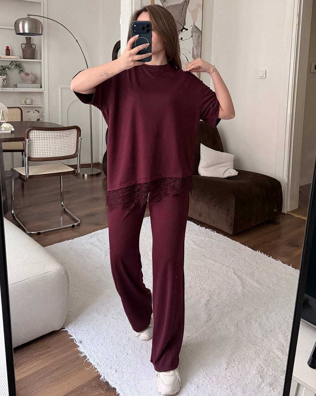 Dantel Detaylı Oversize Bordo Takım