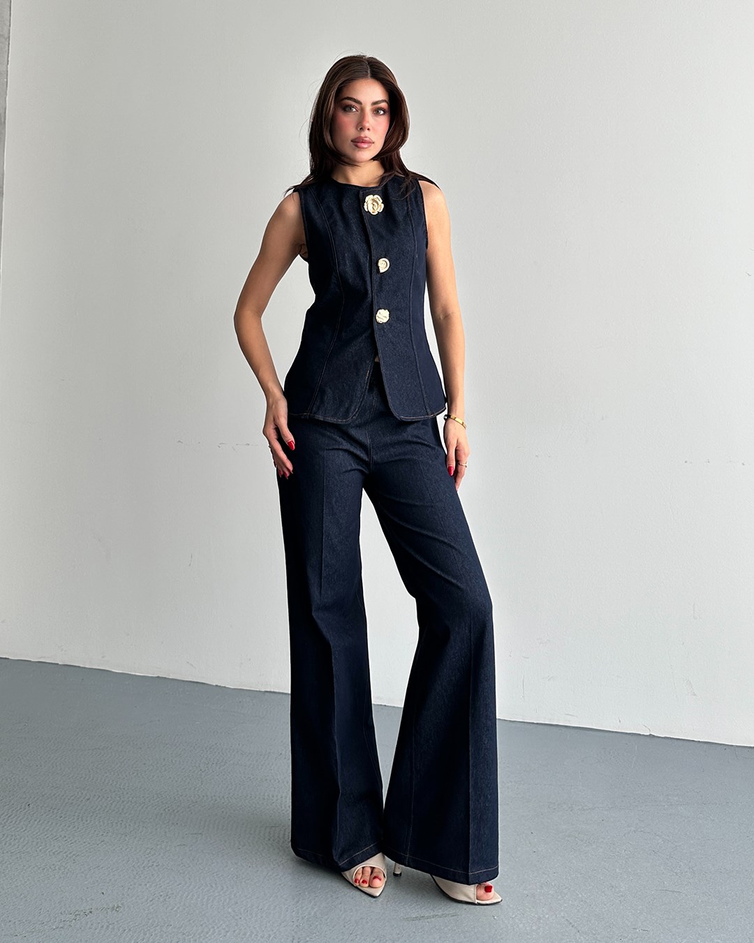 Denim Görünümlü Lacivert Yelek Takım