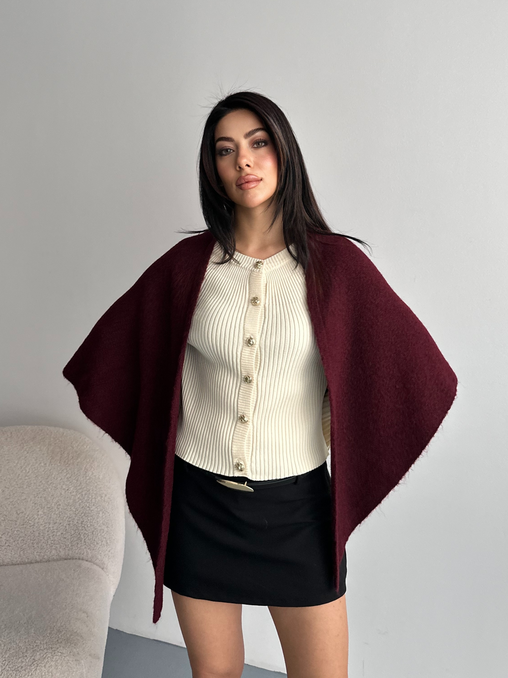 Dökümlü Triko Bordo Panço Şal