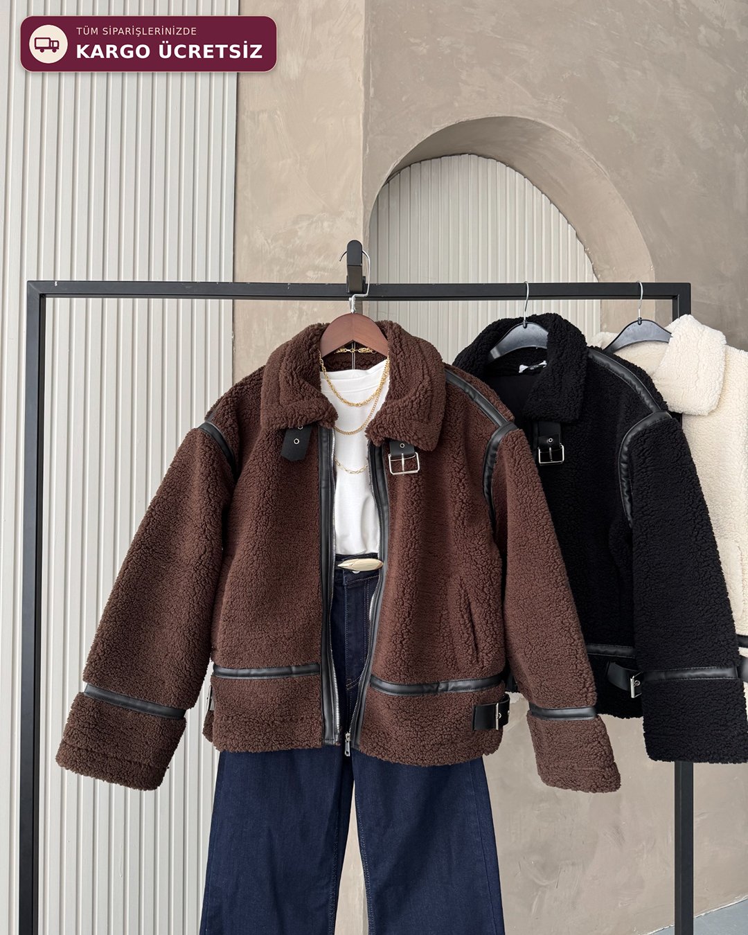 Dolly Deri Biyeli Oversize Kahverengi Peluş Mont