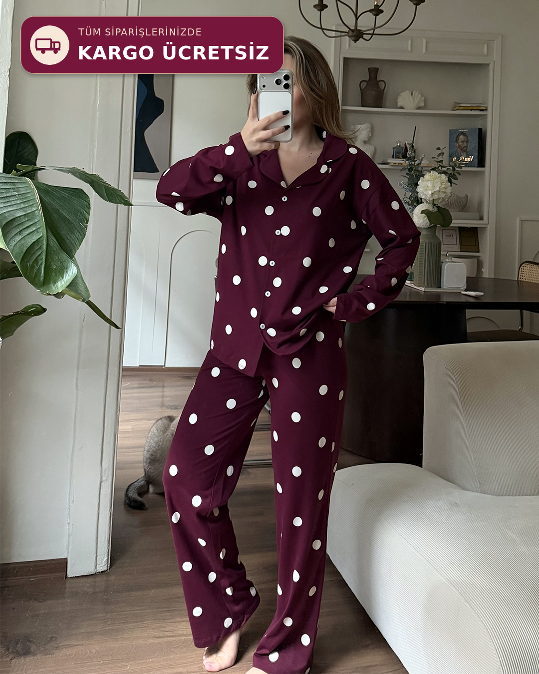 Dotti Puantiyeli Bordo Pijama Takımı