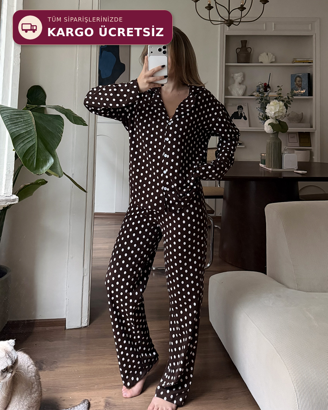 Dotti Puantiyeli Kahverengi Pijama Takımı