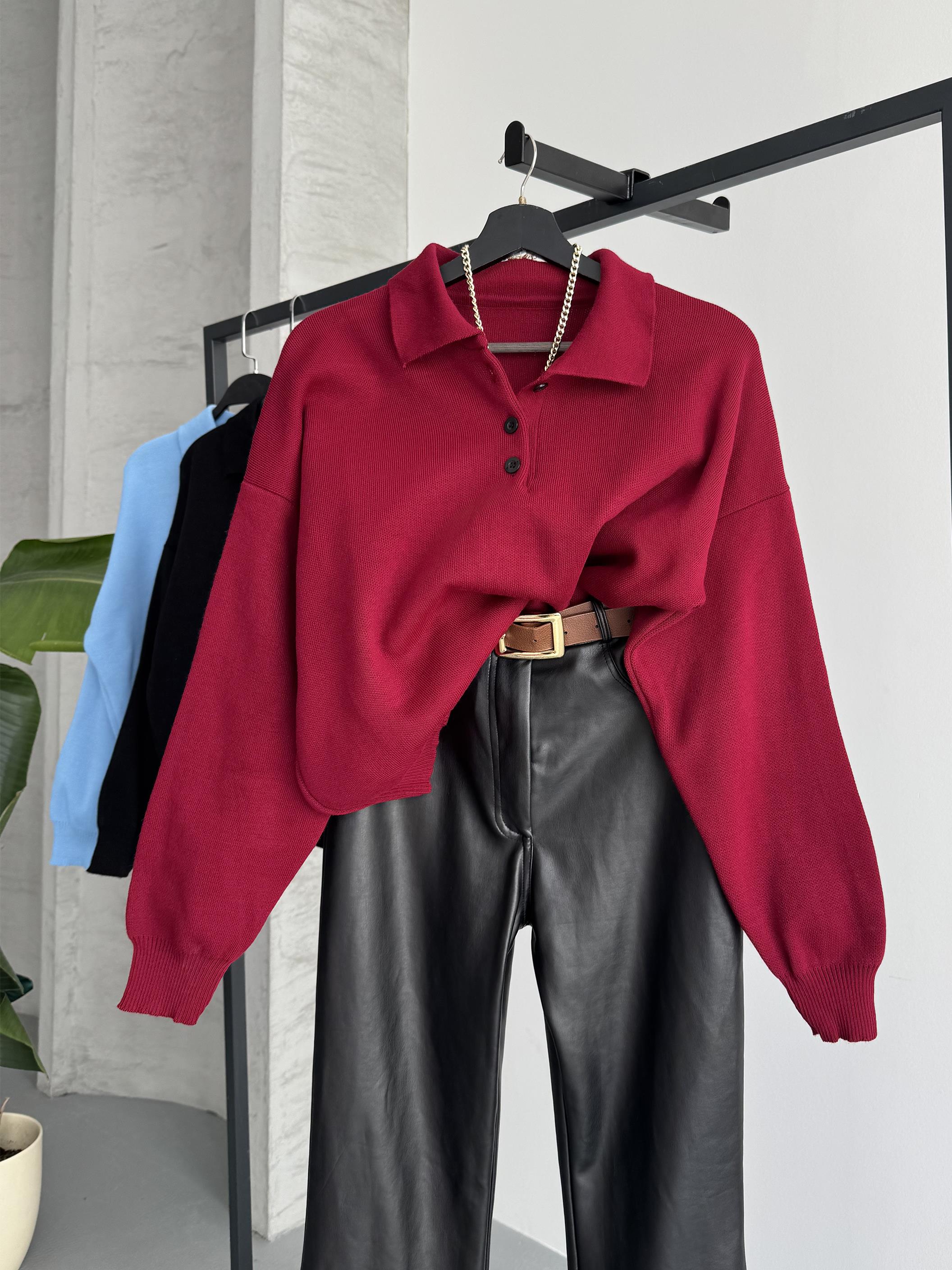 Düğme Detaylı Polo Yaka Bordo Triko Kazak