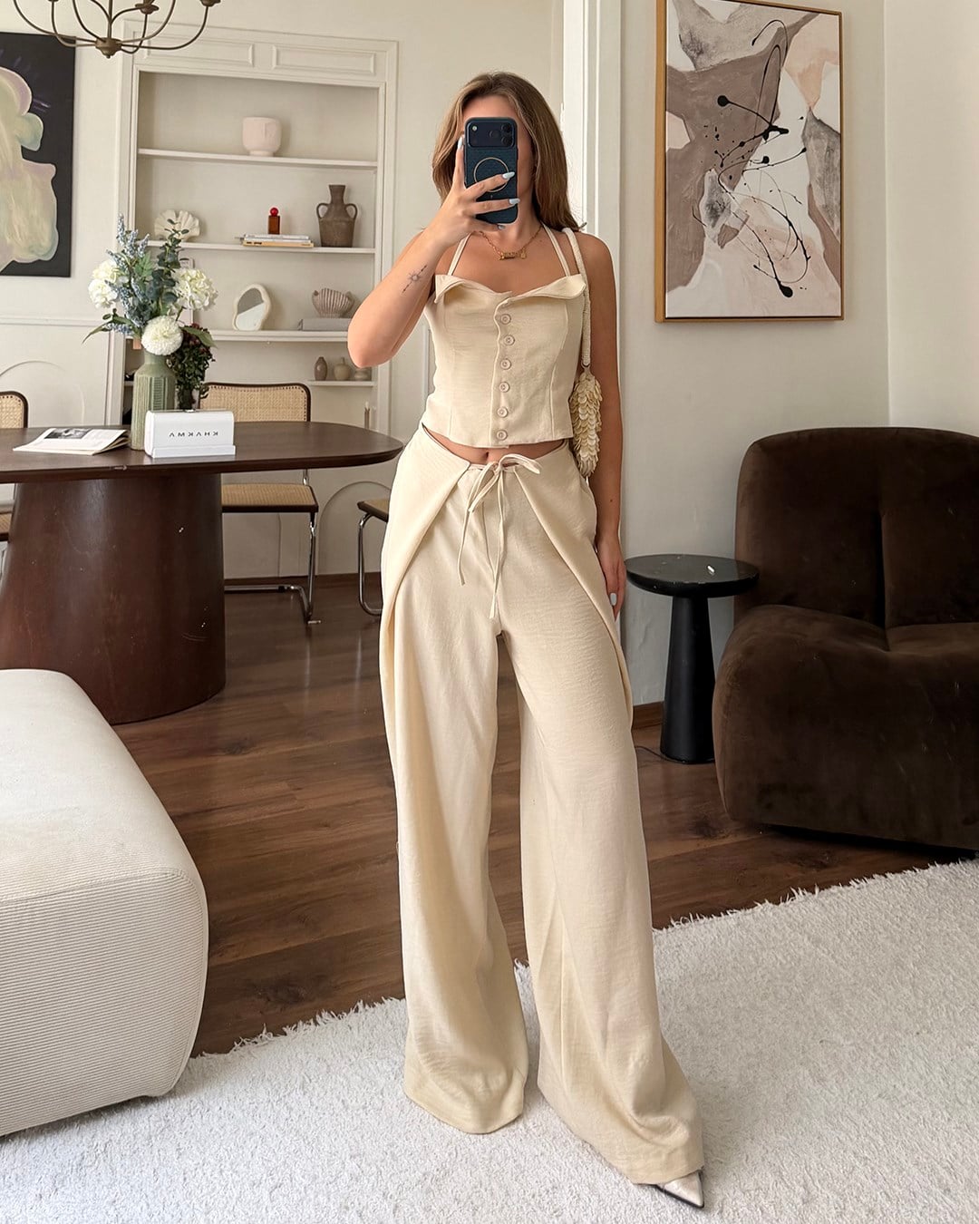 Ekru Askılı Büstiyer Pantolon Takım