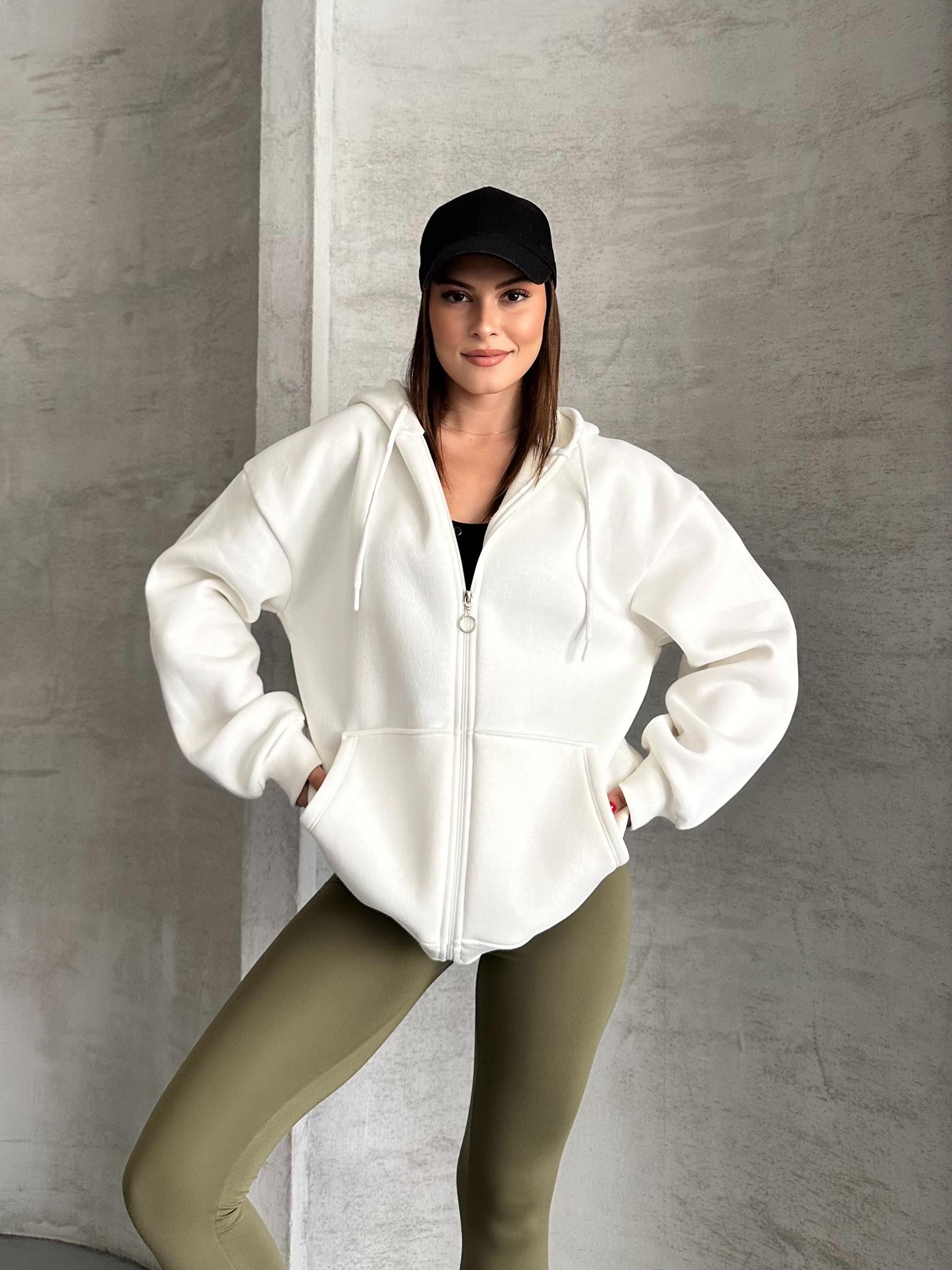 Fermuarlı Kapüşonlu Oversize Beyaz Hırka