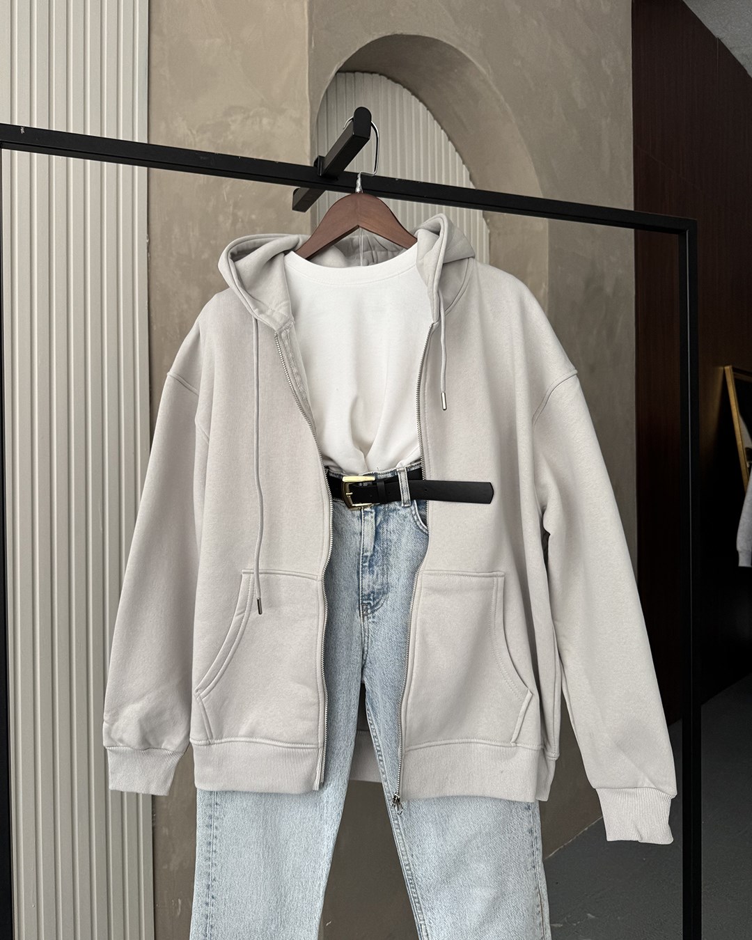Fermuarlı Kapüşonlu Oversize Gri Hırka