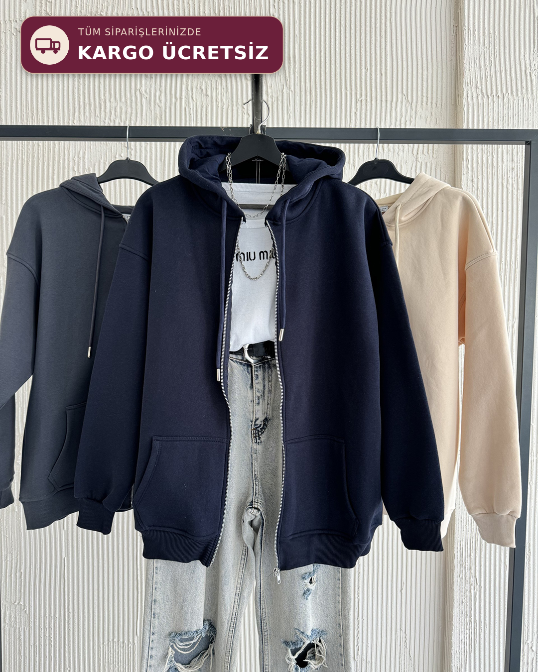 Fermuarlı Kapüşonlu Oversize Lacivert Hırka