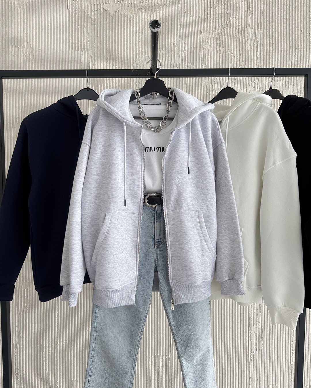 Fermuarlı Kapüşonlu Oversize Melanj Hırka