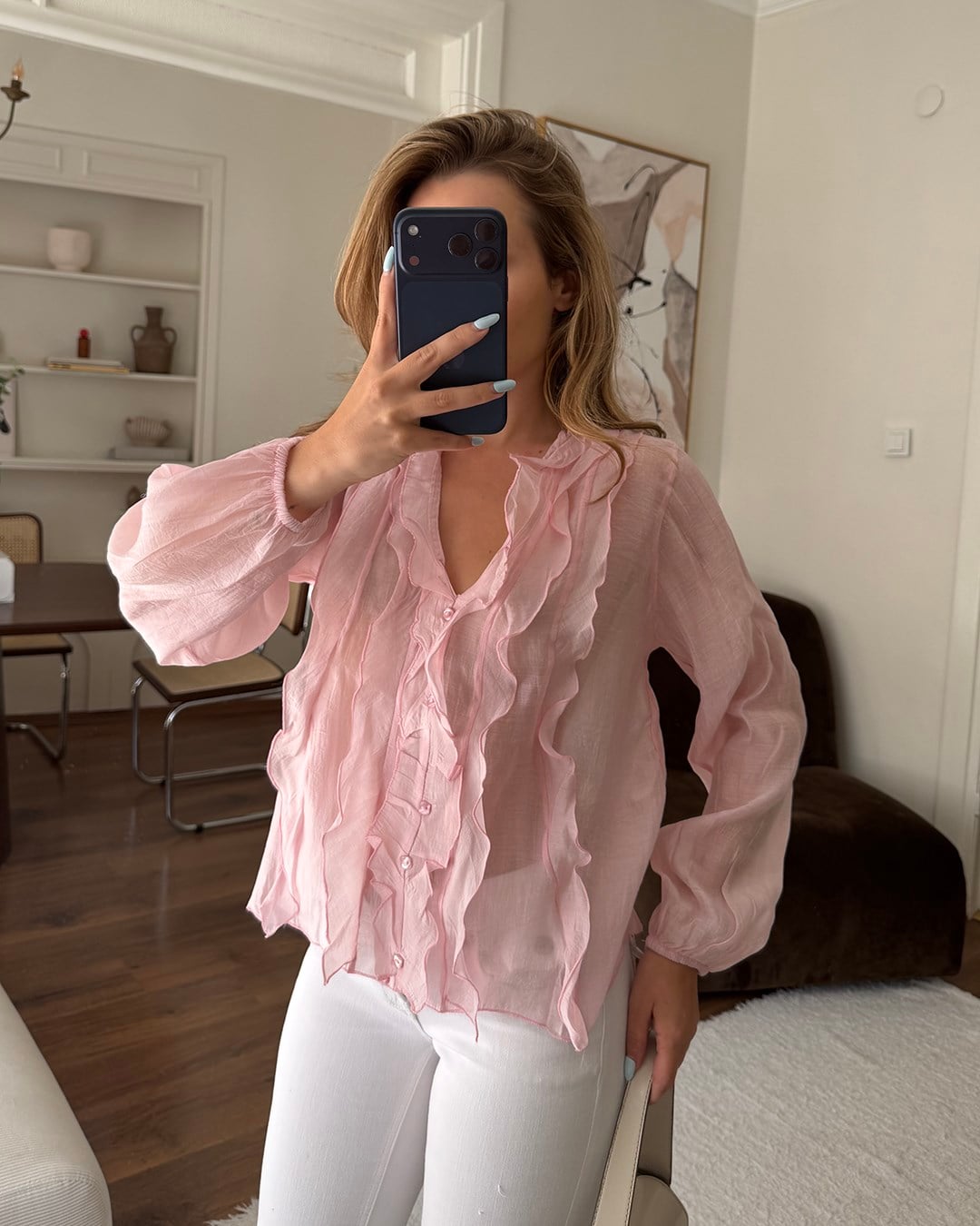Fırfır Detaylı Pembe Gömlek