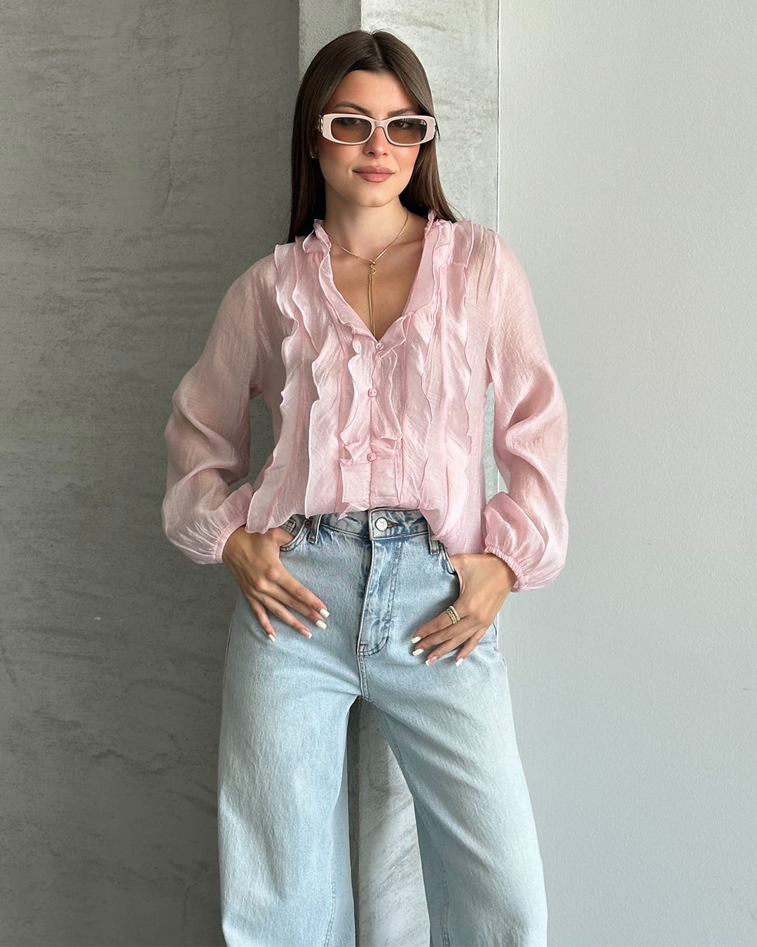 Fırfır Detaylı Pembe Gömlek