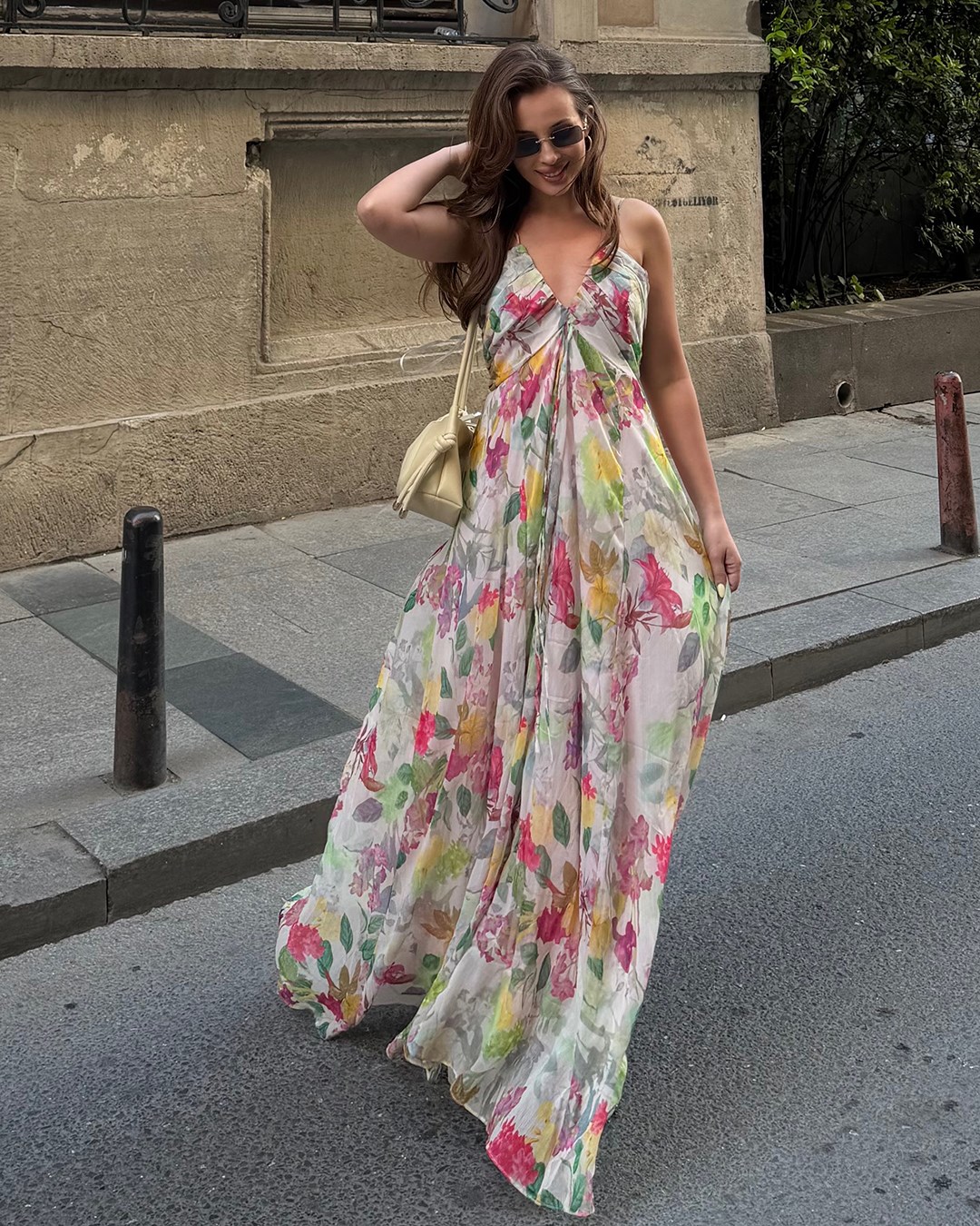 Gloria Ekru Desenli Şifon Askılı Elbise 