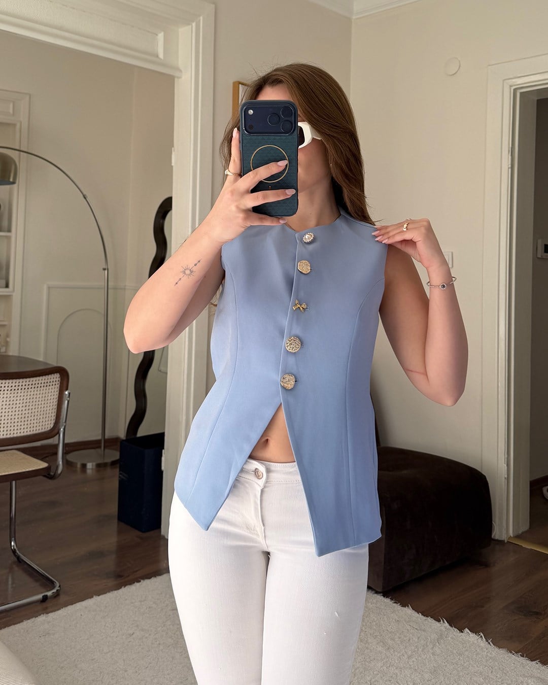 Gold Düğmeli Bebe Mavisi Blazer Yelek