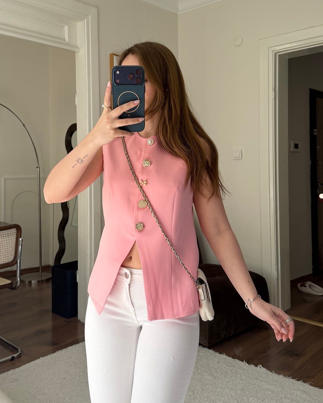 Gold Düğmeli Pembe Blazer Yelek