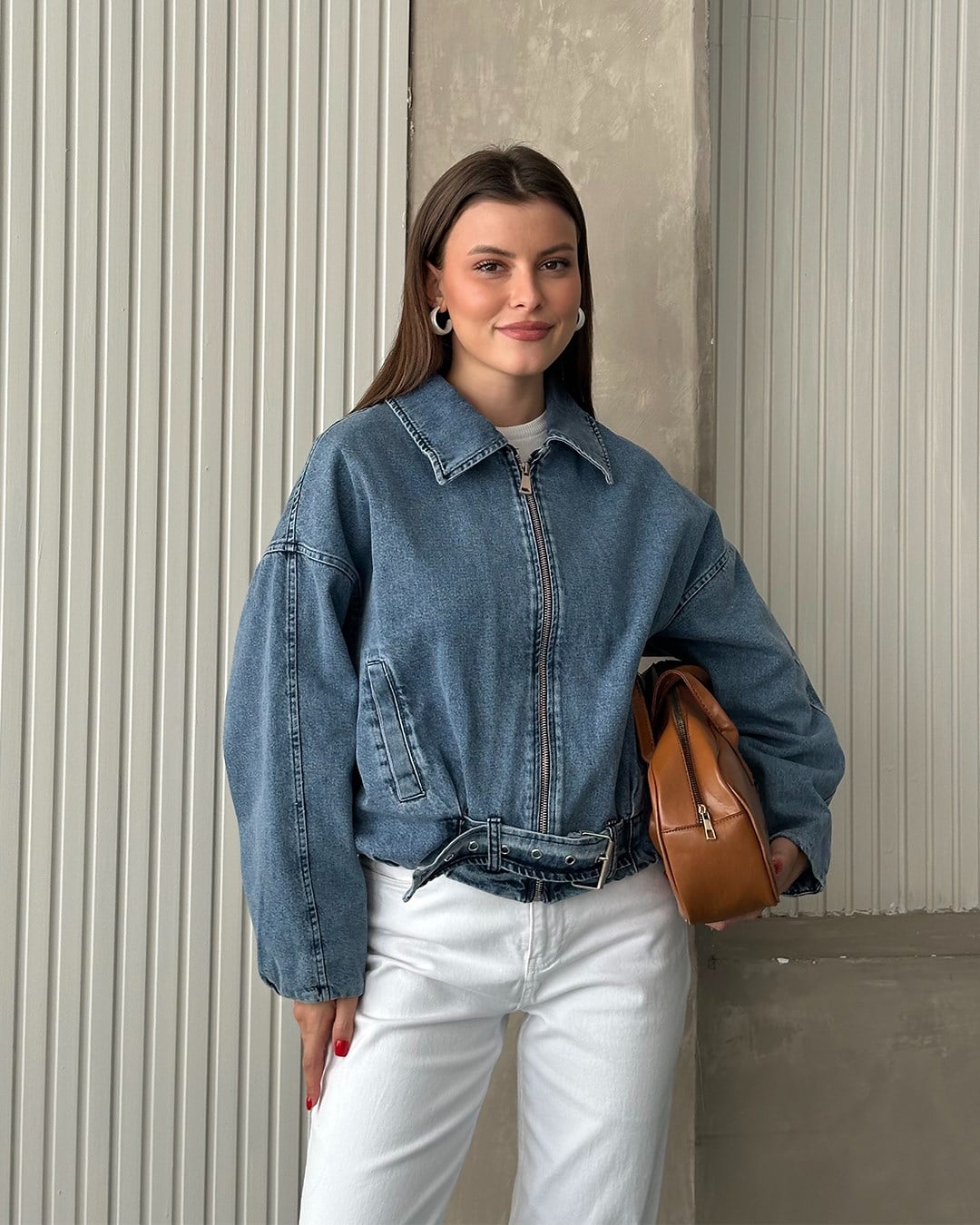 Gömlek Yaka Kemerli Kot Ceket