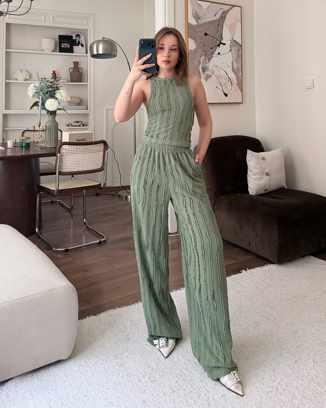 Haki Fitilli Crop Bluz Palazzo Pantolon Takım