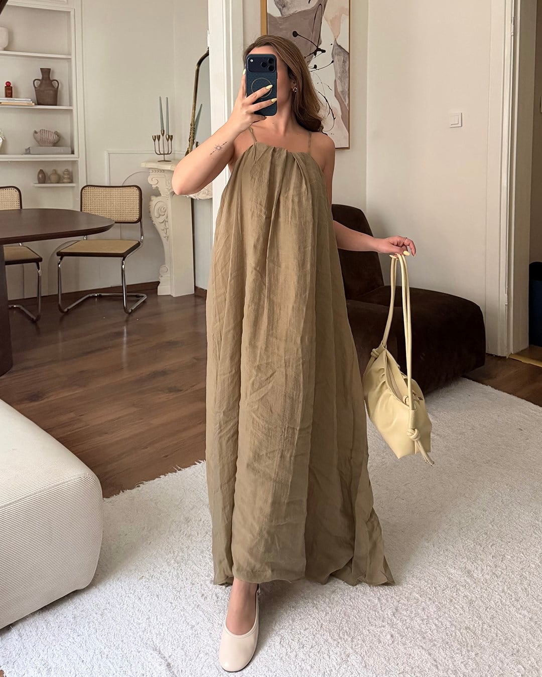 Haki Halter Yaka Maxi Elbise