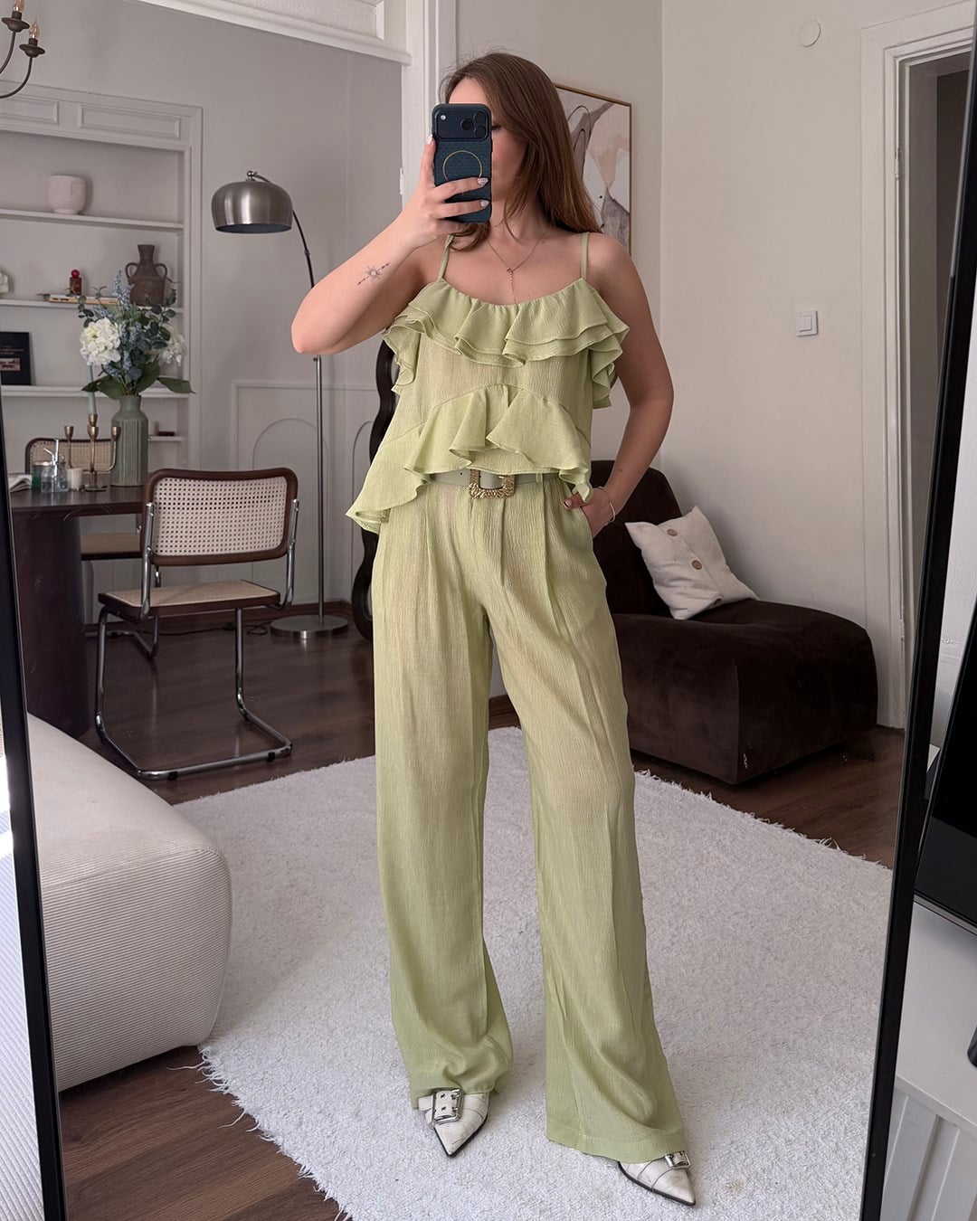 Haki Şifon Fırfırlı Bluz Bol Paça Pantolon Takım