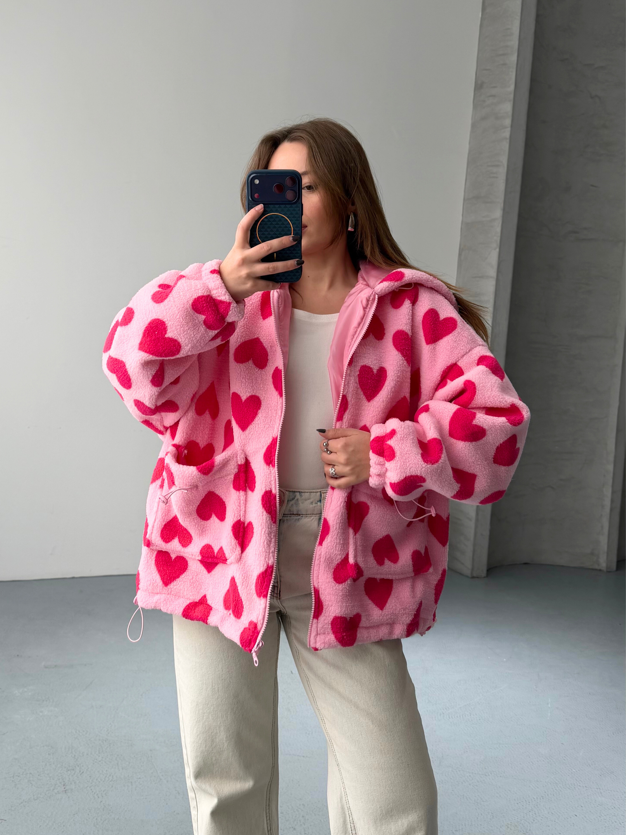 Heart Oversize Kapüşonlu Pembe Peluş Mont