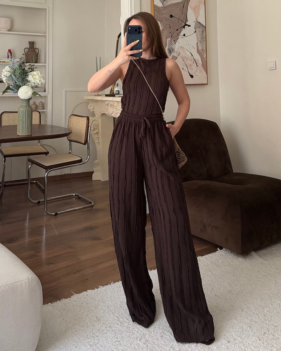 Kahverengi Fitilli Crop Bluz Palazzo Pantolon Takım