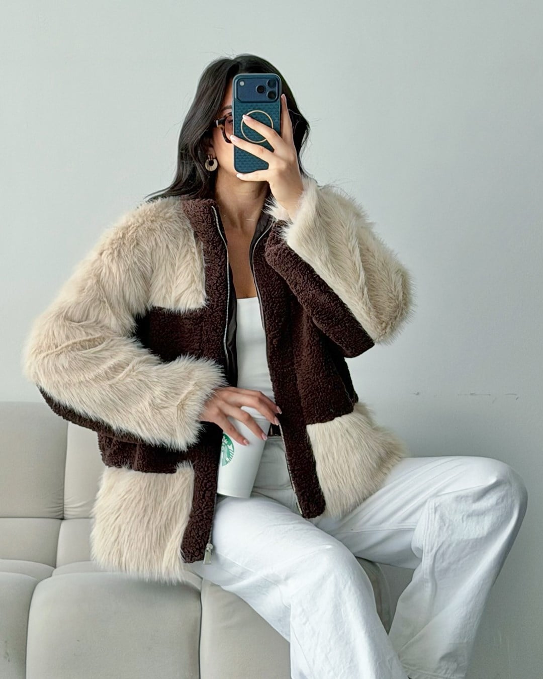 Kahverengi Kürk Detaylı Fermuarlı Peluş Mont