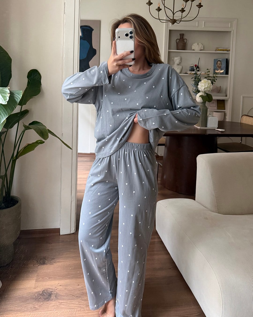 Kalp Desenli İkili Gri Pijama Takımı