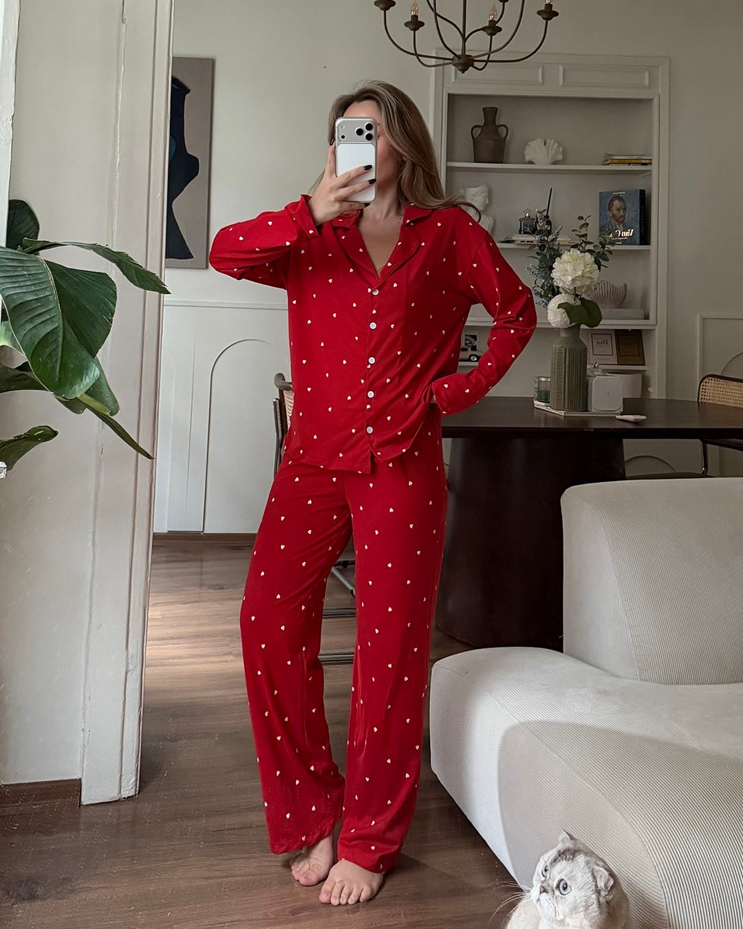 Kalp Desenli İkili Kırmızı Pijama Takımı
