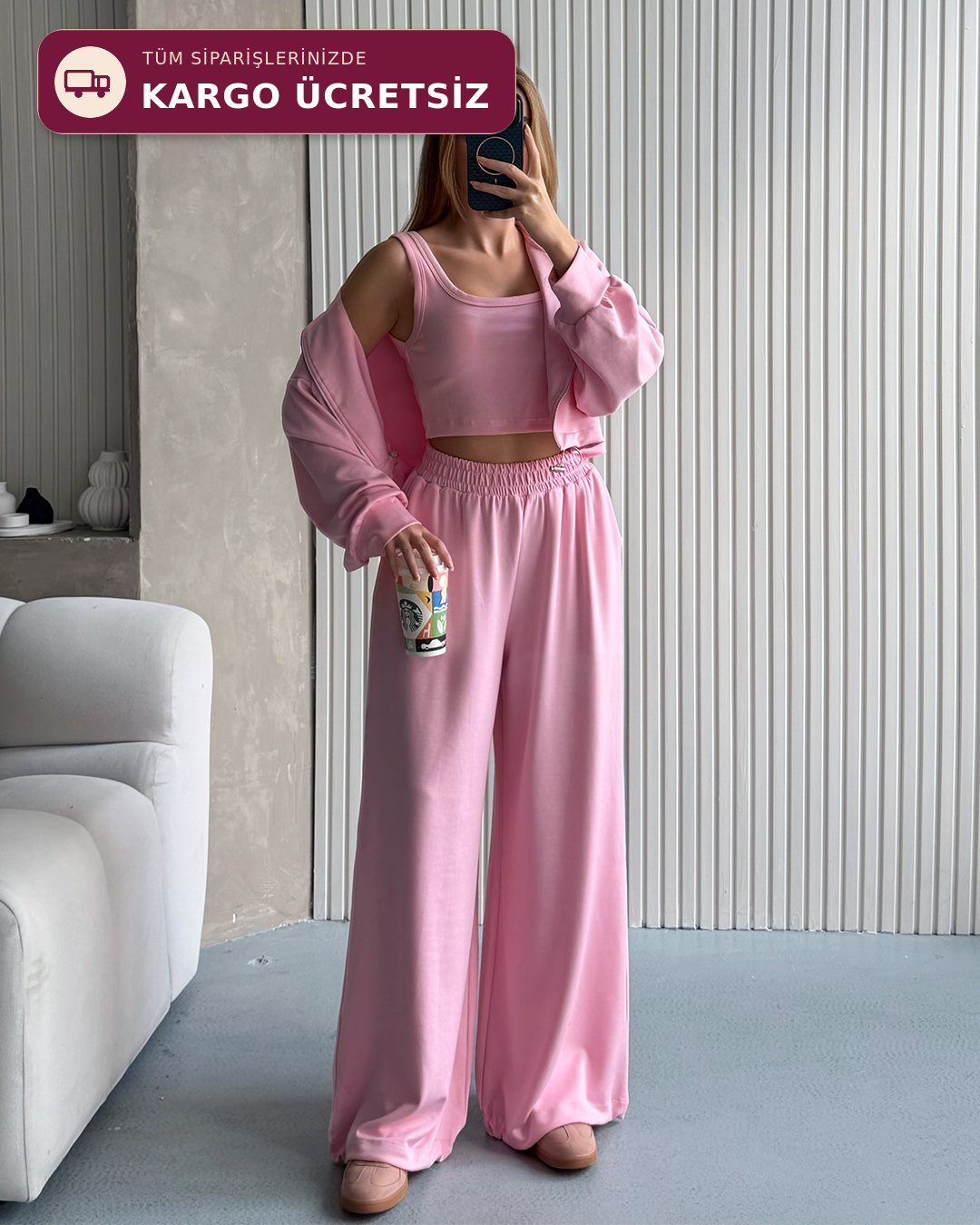 Kapüşonlu Üçlü Pembe Eşofman Takımı