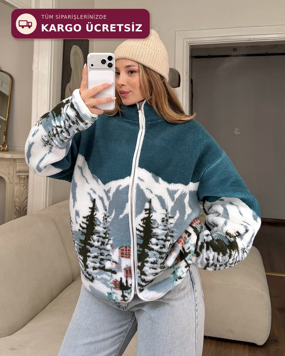 Kayak Temalı Mavi Polar Ceket