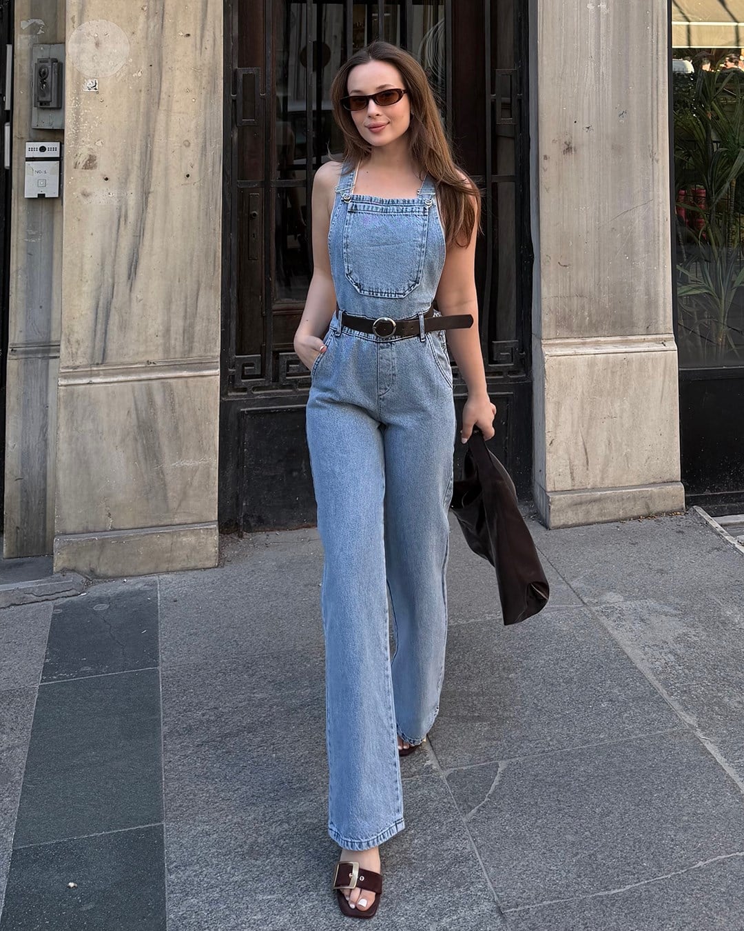 Kemerli Açık Mavi Denim Salopet Tulum