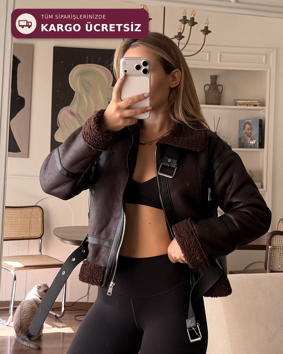 Kemerli Peluş Astarlı Crop Kahverengi Ceket