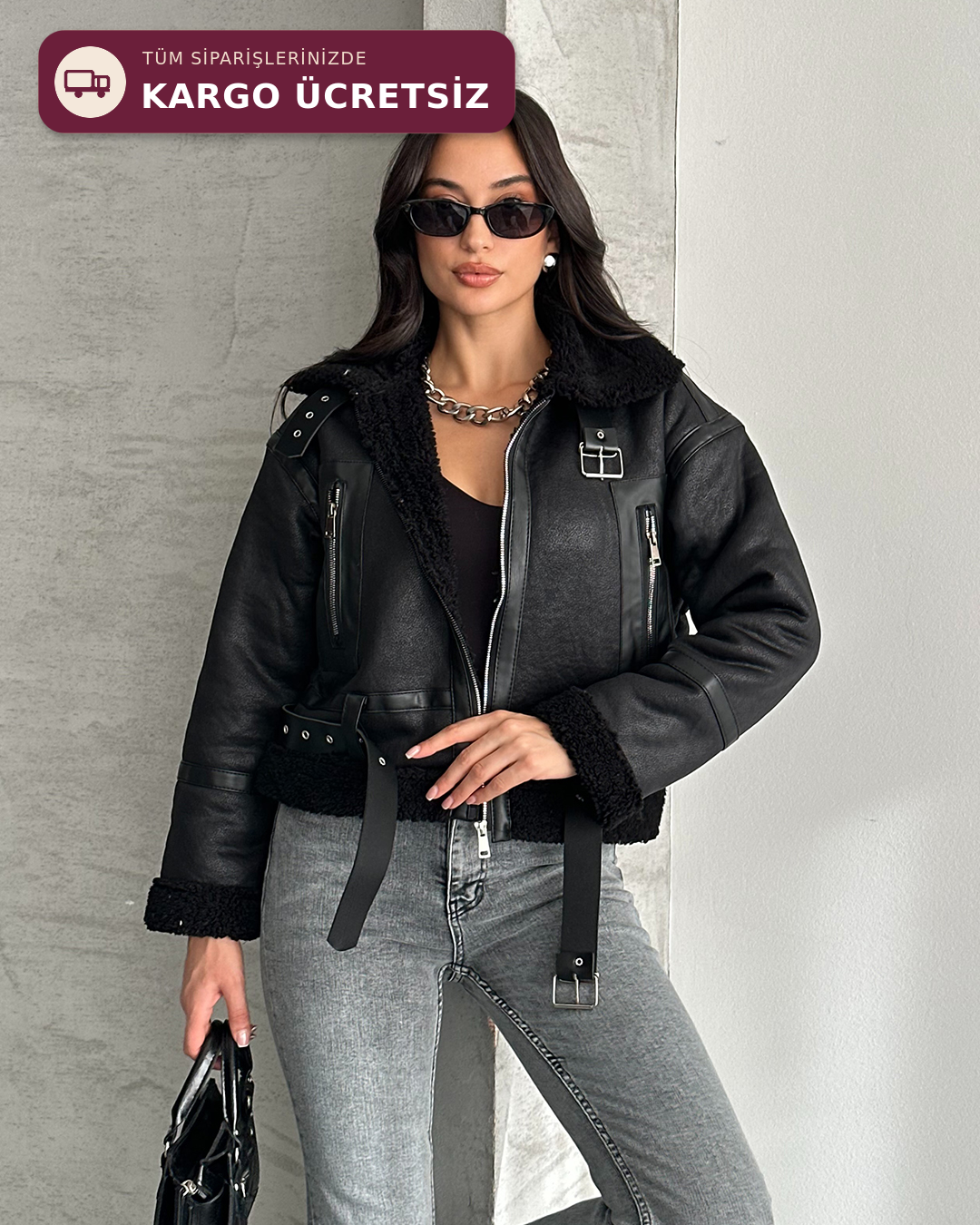 Kemerli Peluş Astarlı Crop Siyah Deri Ceket