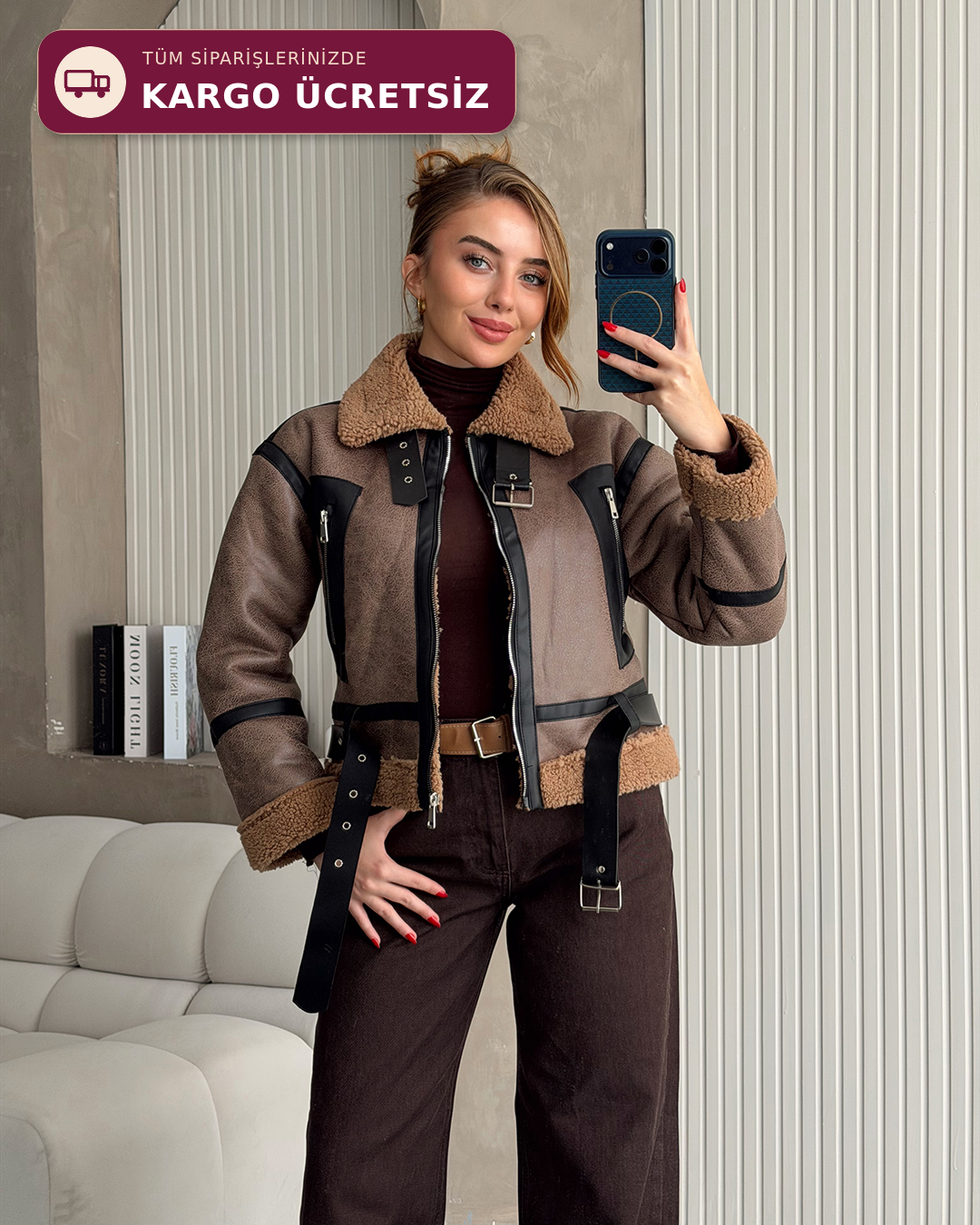 Kemerli Peluş Astarlı Crop Taba Ceket