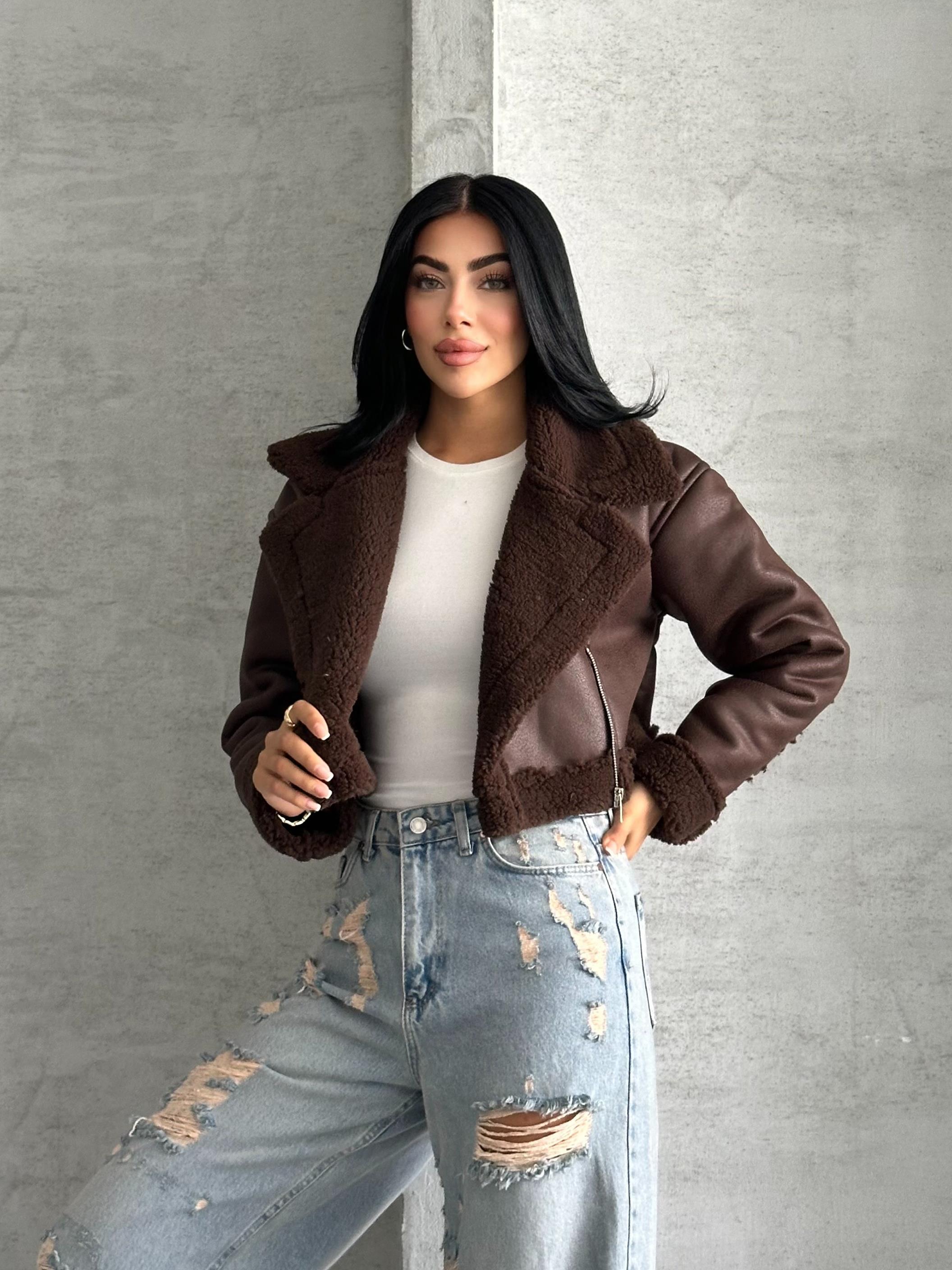 Kıvırcık Kürklü Crop Kahverengi Deri Ceket