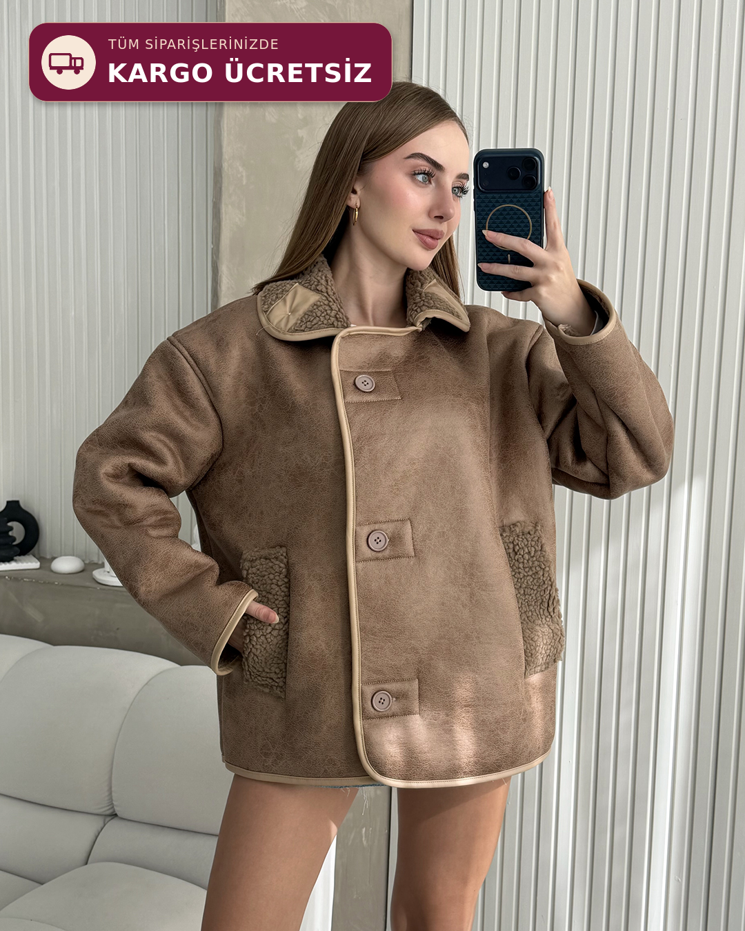 Kora Peluş Detaylı Taba Ceket