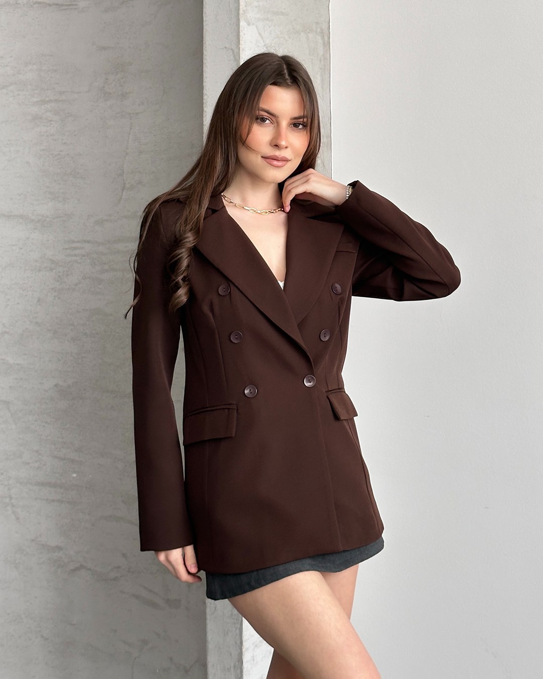 Kruvaze Yaka Kahverengi Blazer Ceket