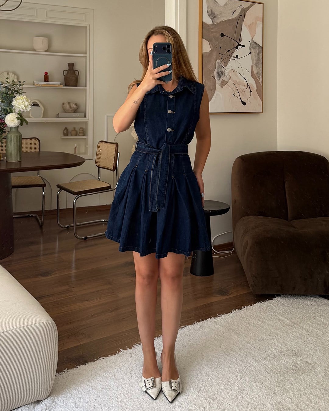 Lacivert Düğme Kapamalı Denim Elbise