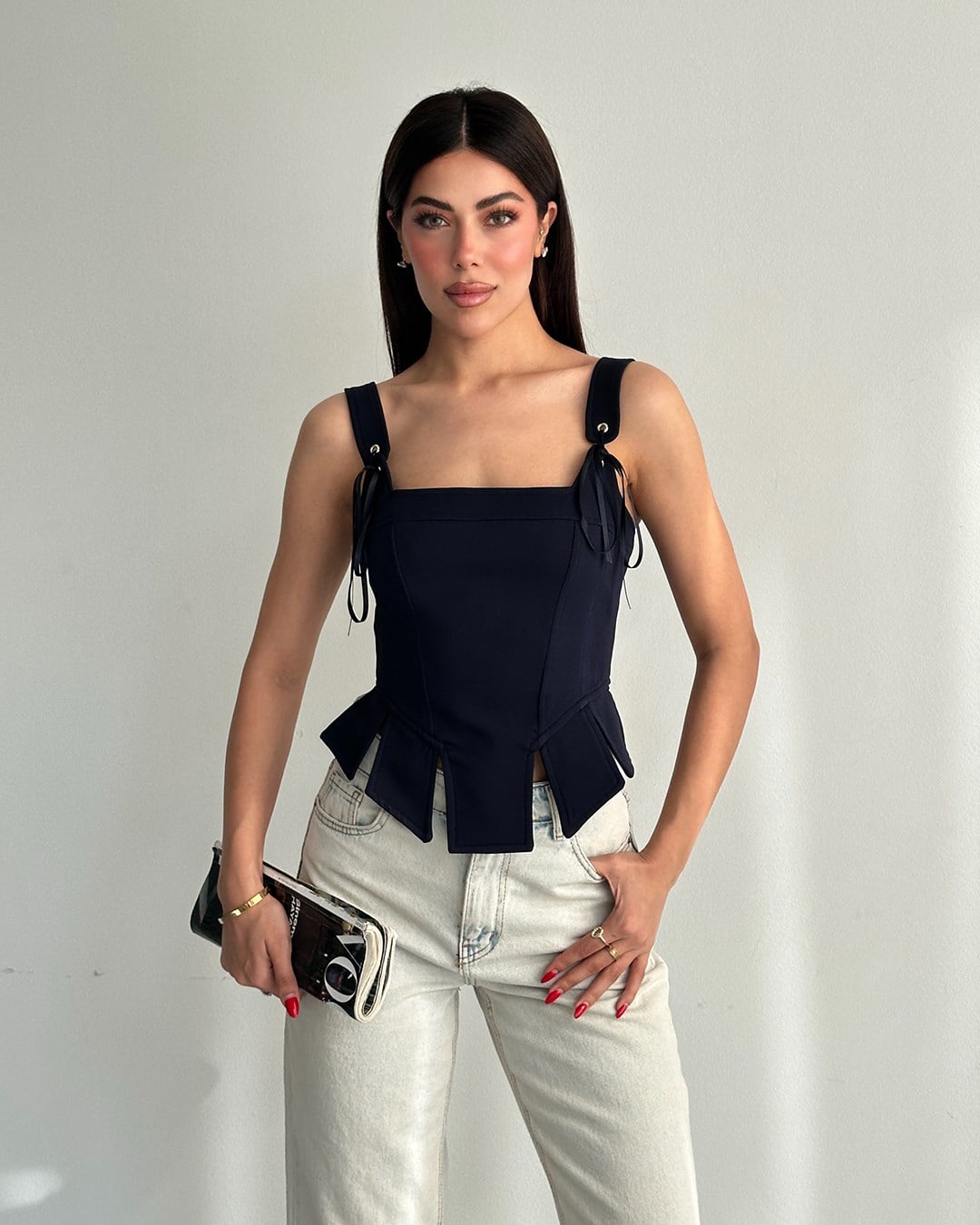 Lacivert İp Detaylı Korse Bluz