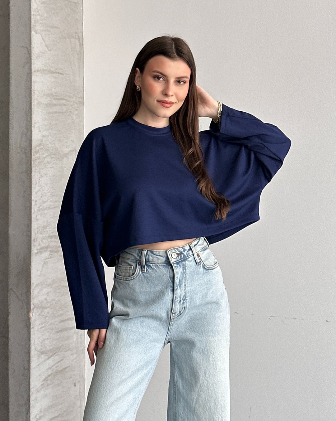 Lacivert Modal Kumaş Yarasa Kol Bluz