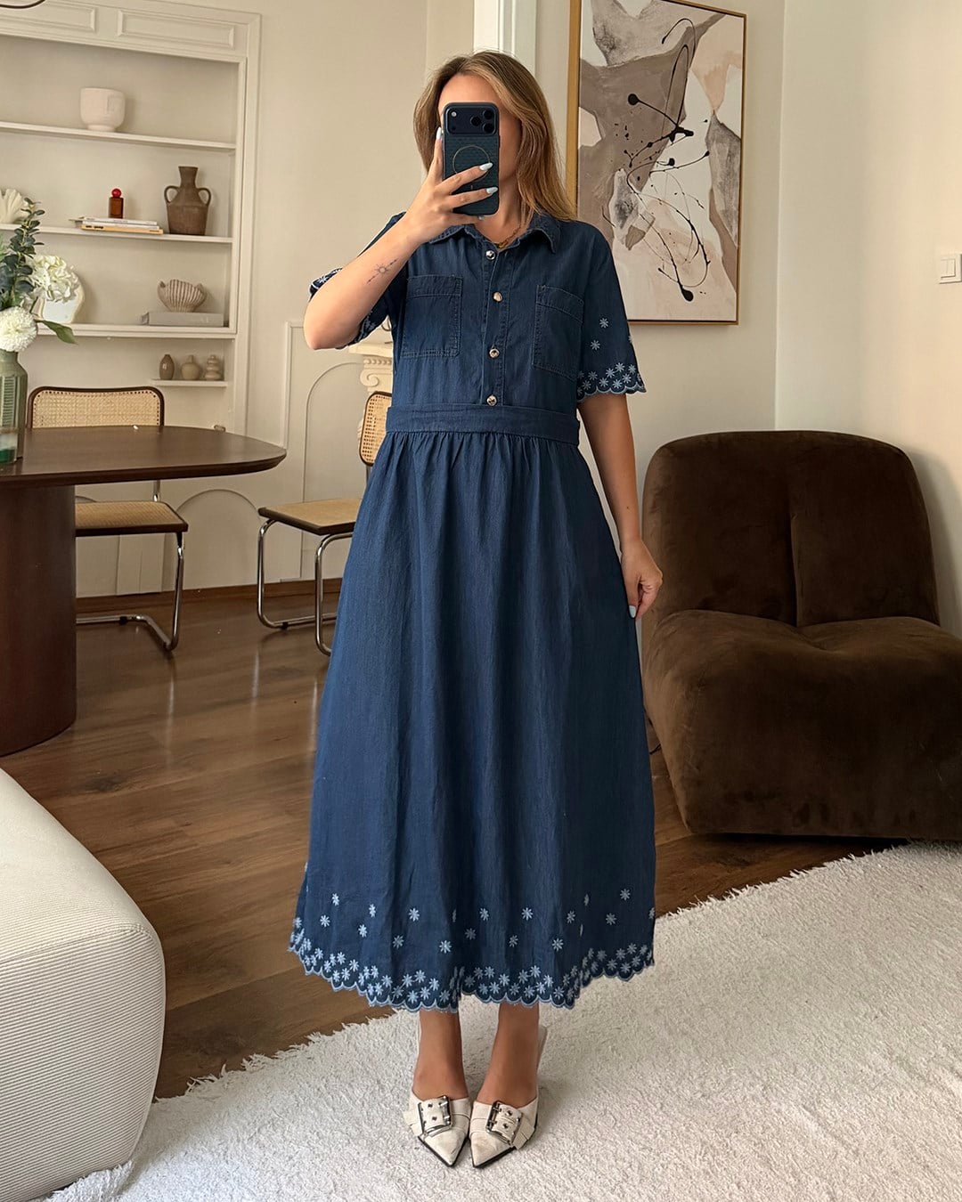 Lacivert Nakışlı Denim Gömlek Elbise