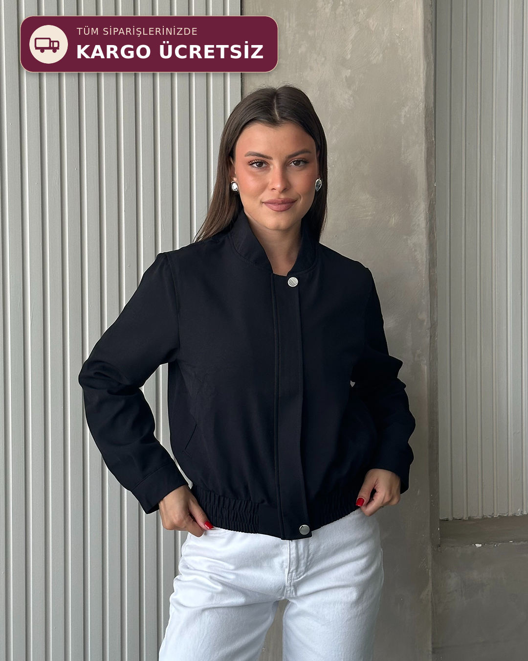 Lastik Detaylı Siyah Bomber Ceket