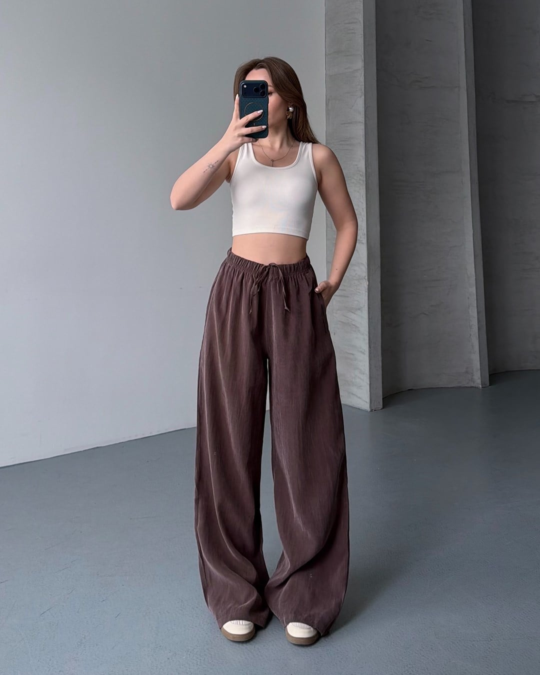 Lastikli Oversize Kahverengi Pantolon