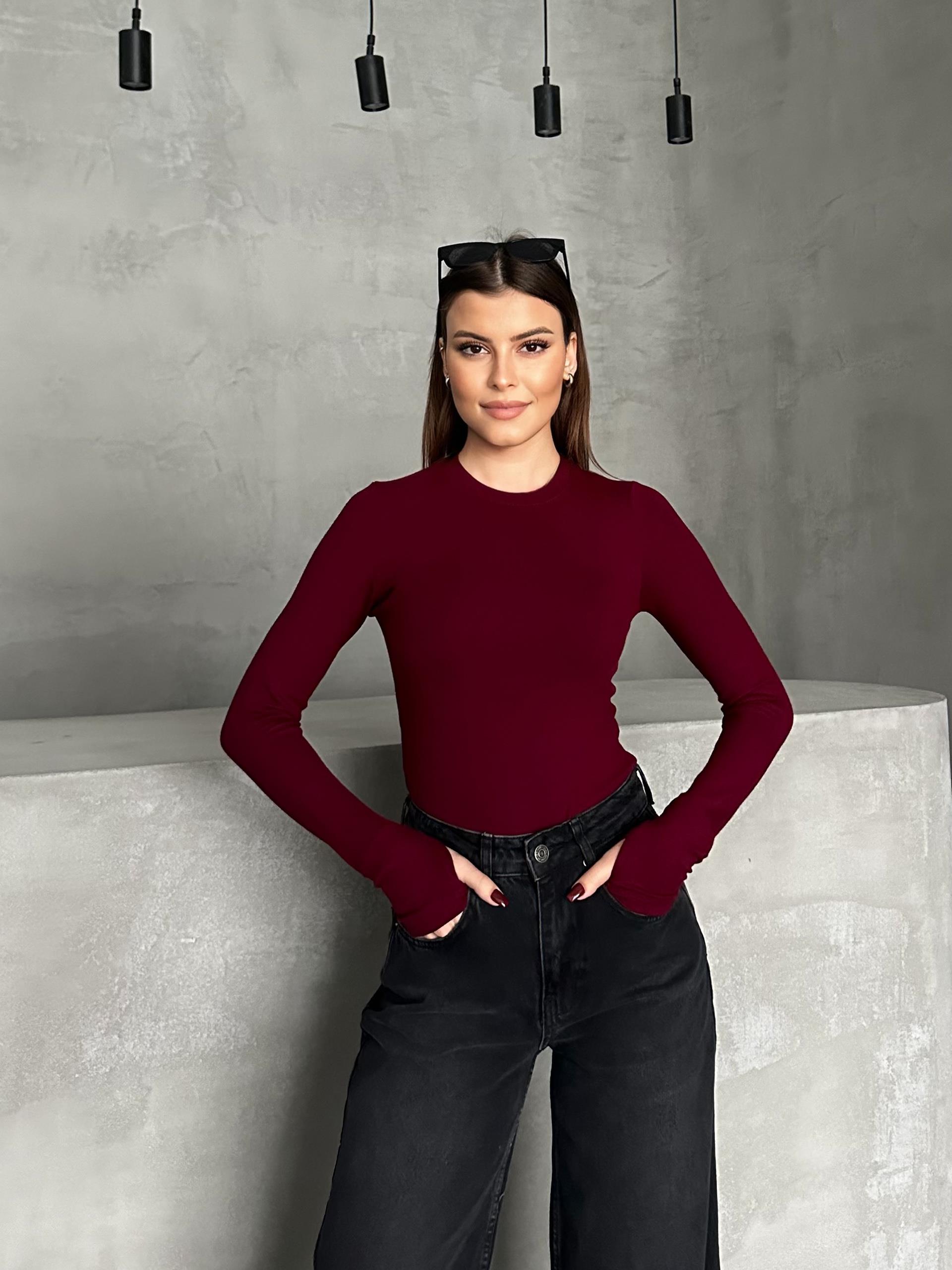 Likralı Buzzy Bordo Parmak Geçmeli Badi Bluz